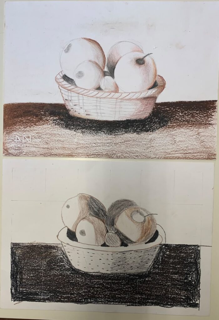 Due cesti di frutta a pastello e carboncino
